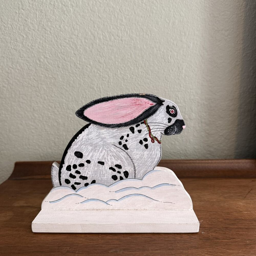 Handpainted Wooden Rabbit Shelf Sitter Signed